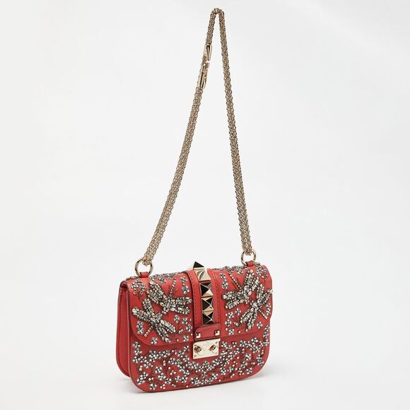 Valentino Red Leather Small Crystal Embellished Rockstud Glam Lock Flap Bag - Picture 3 of 4
